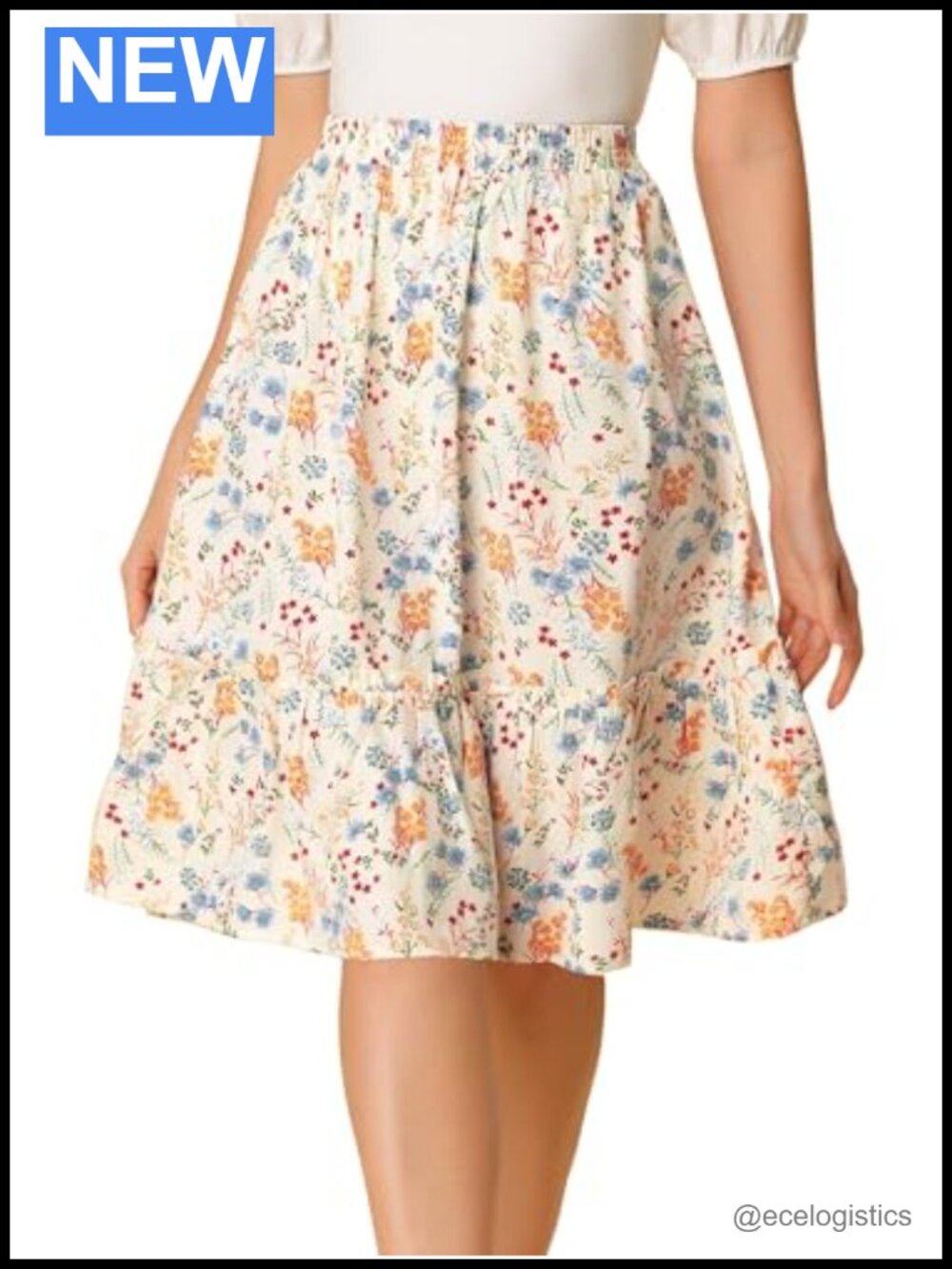 Floral Knee Length Ruffle Tiered A-Line Skirt High Elastic Waist Casual